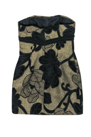 Current Boutique-Badgley Mischka - Gold & Black Textured Floral Print Strapless Dress w/ Eyelet Trim Sz 0