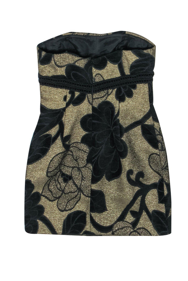 Current Boutique-Badgley Mischka - Gold & Black Textured Floral Print Strapless Dress w/ Eyelet Trim Sz 0