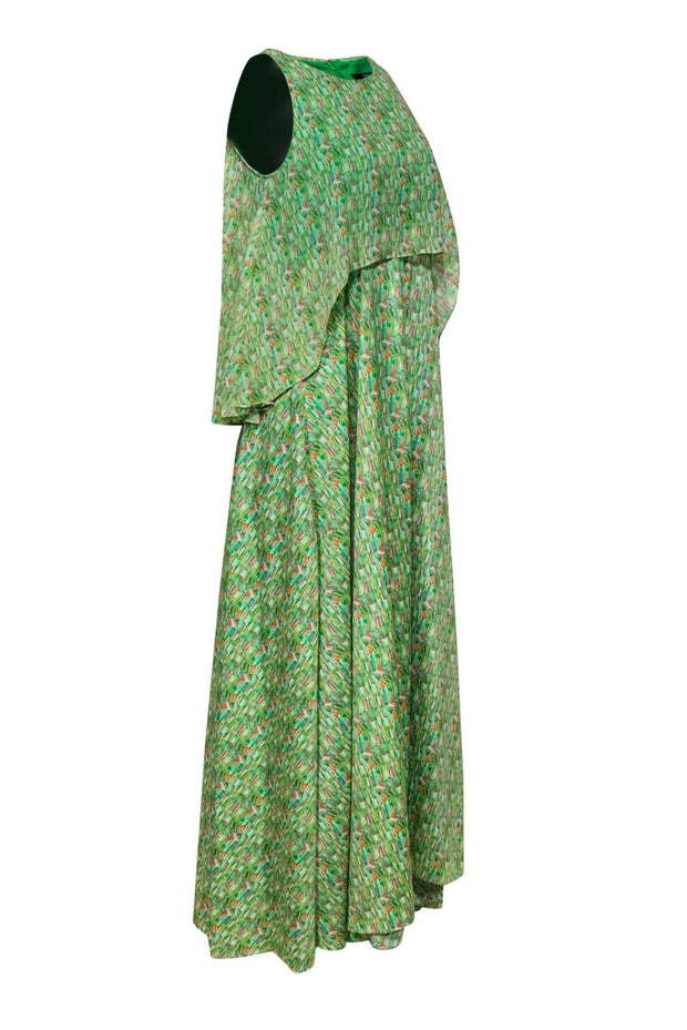 Current Boutique-Badgley Mischka - Green & Multicolored Print Sleeveless Maxi Dress w/ Flounce Top Sz 4