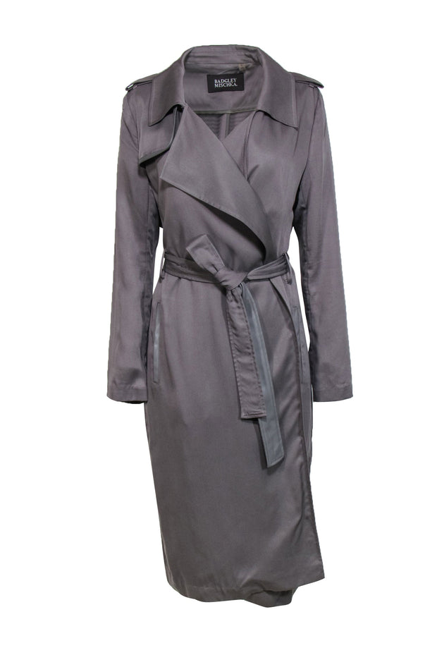 Current Boutique-Badgley Mischka - Grey Open Front Belted Trench Coat w/ Faux Leather Trim Sz L