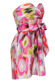 Current Boutique-Badgley Mischka - Multicolor Swirled Strapless Silk Cocktail Dress Sz 8