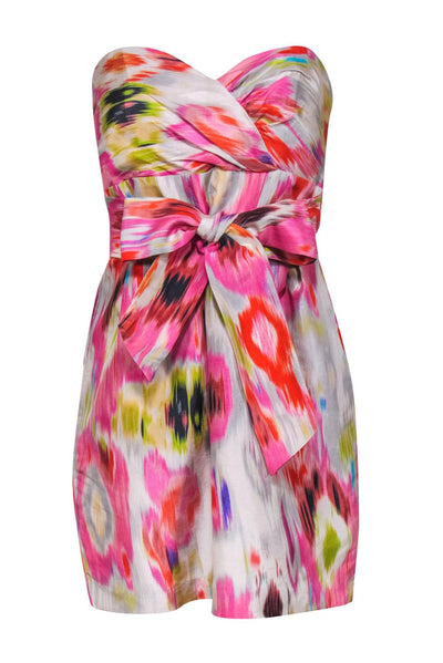Current Boutique-Badgley Mischka - Multicolor Swirled Strapless Silk Cocktail Dress Sz 8