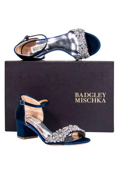 Current Boutique-Badgley Mischka - Navy Satin Open Toe Pumps w/ Jeweled Strap Sz 6