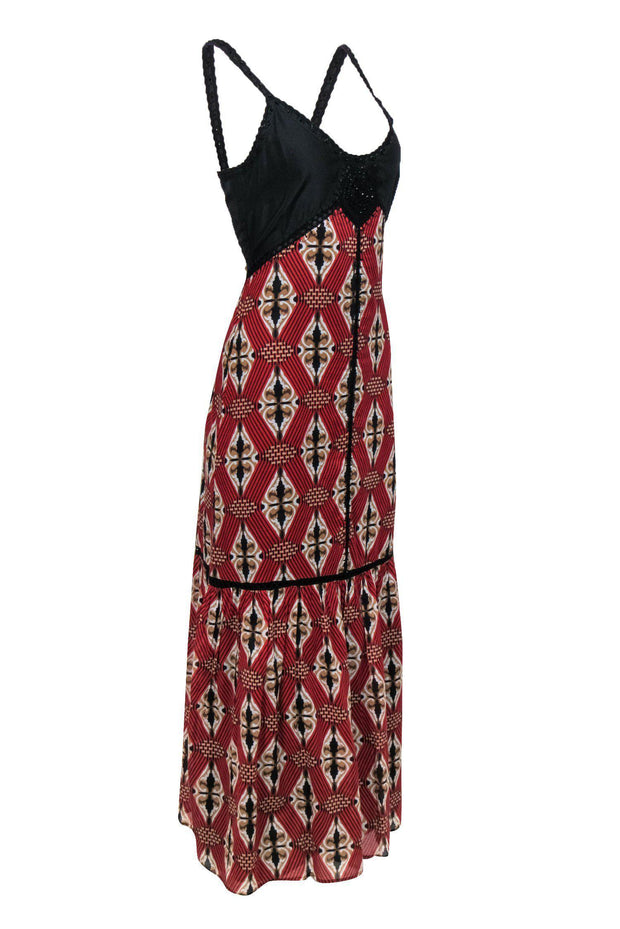 Current Boutique-Badgley Mischka - Red & Black Abstract Print Maxi Dress w/ Beaded & Eyelet Trim Sz 4