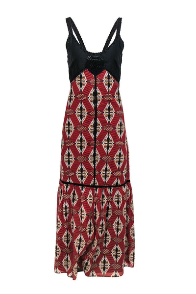 Current Boutique-Badgley Mischka - Red & Black Abstract Print Maxi Dress w/ Beaded & Eyelet Trim Sz 4