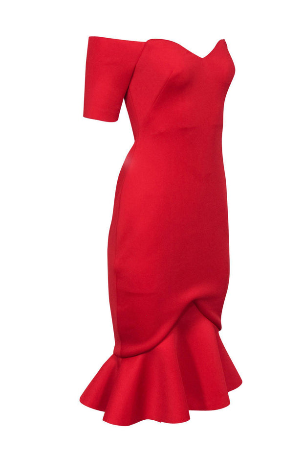 Current Boutique-Badgley Mischka - Red Off-the-Shoulder Fitted Dress w/ Ruffle Hem Sz 0