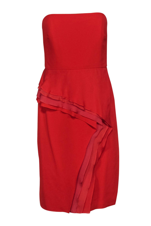 Current Boutique-Badgley Mischka - Red Strapless Tiered Ruffle Cocktail Dress Sz 6