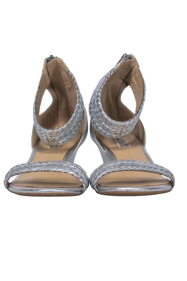 Current Boutique-Badgley Mischka - Silver Braided Leather Wedge Sandals Sz 8.5