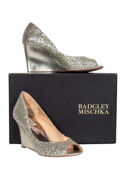 Current Boutique-Badgley Mischka - Silver Sparkly Peep Toe Wedges Sz 9