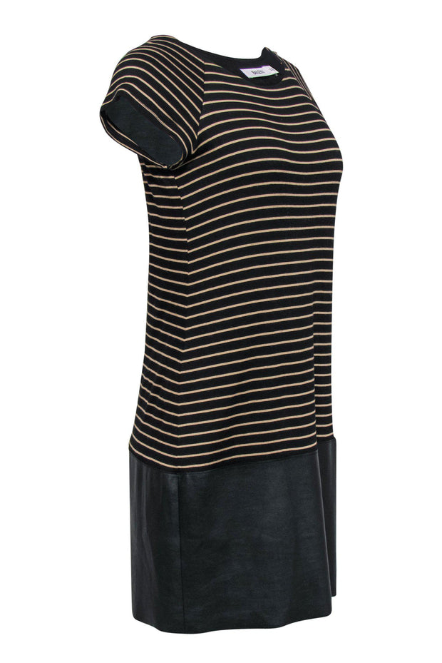 Current Boutique-Bailey 44 - Black & Tan Striped Shift Dress w/ Faux Leather Sz M