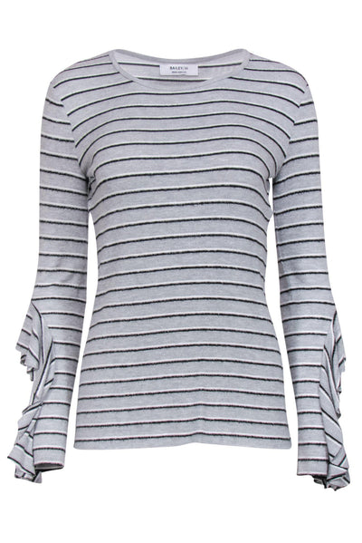 Current Boutique-Bailey 44 - Grey, Black & White Striped Sweater w/ Ruffle Bell Sleeves Sz M