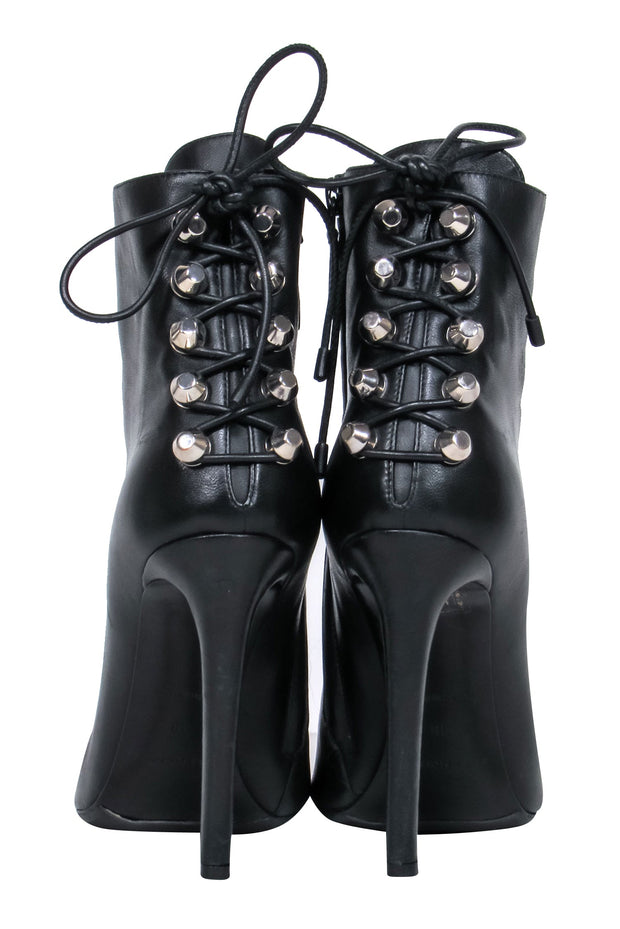 Current Boutique-Balenciaga – Black Leather Pointy Toe Booties w/ Lace Up Back Sz 7.5