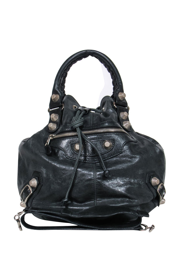 Current Boutique-Balenciaga - Black Leather Studded Motorcross Pompon Bucket Bag
