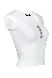 Current Boutique-Balmain - White Ribbed Scoop Neck Crop Top w/ Silver Buttons Sz 2
