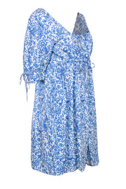 Current Boutique-Banjanan - Blue & White Textured Bird & Leaf Print Babydoll Dress Sz L