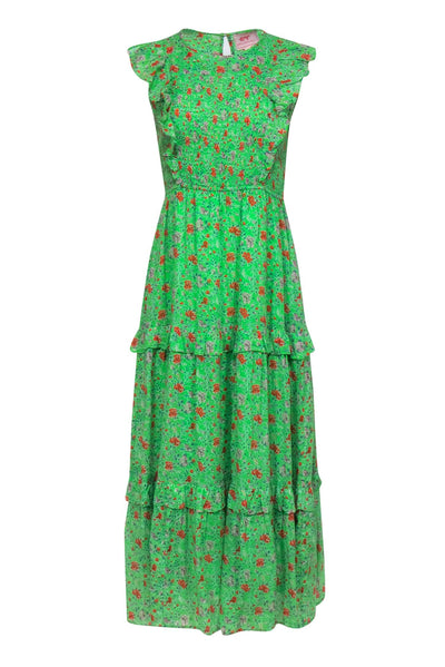 Current Boutique-Banjanan - Green Floral Smocked Bodice Ruffled Cotton Maxi Dress Sz L