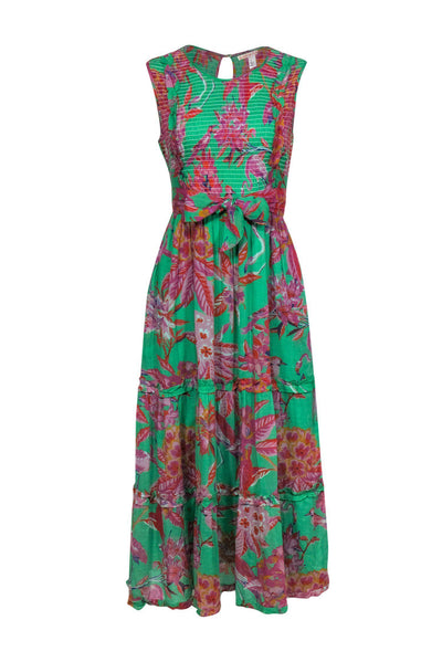 Current Boutique-Banjanan - Green & Pink Tropical Floral & Bird Print Sleeveless Tiered Maxi Dress Sz L