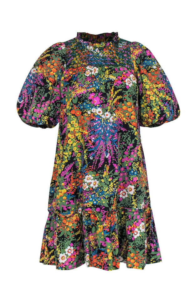 Current Boutique-Banjanan - Green, Purple, & Black Floral Drop Waist Cotton Dress Sz XS
