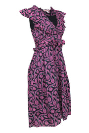 Current Boutique-Banjanan - Pink, Green & Navy Bohemian Print Cap Sleeve Ruffled Midi Dress Sz S