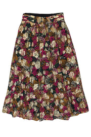 Current Boutique-Ba&sh - Black & Multicolor Metallic Floral Print Tiered Midi Skirt Sz S