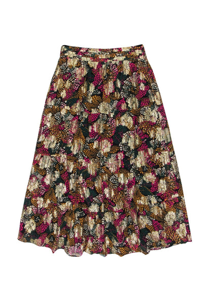 Current Boutique-Ba&sh - Black & Multicolor Metallic Floral Print Tiered Midi Skirt Sz S