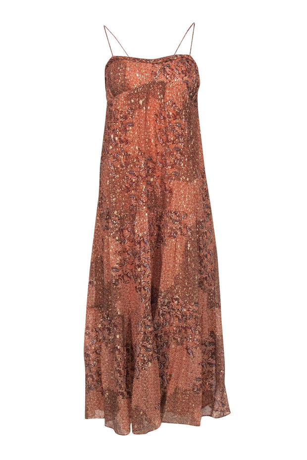 Current Boutique-Ba&sh - Peach Metallic Floral Print Sleeveless "Odette" Maxi Dress Sz S