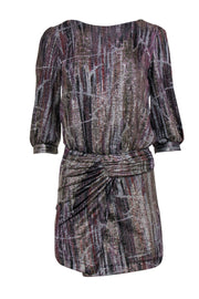 Current Boutique-Ba&sh - Silver, Purple & Rust Metallic Quarter Sleeve Ruched Dress Sz 4