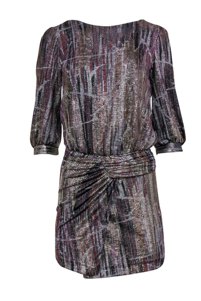Current Boutique-Ba&sh - Silver, Purple & Rust Metallic Quarter Sleeve Ruched Dress Sz 4