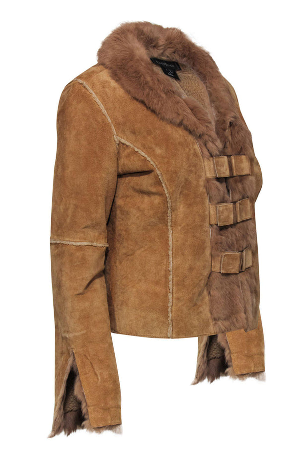 Current Boutique-Bebe - Vintage Tan Suede & Shearling Jacket w/ Rabbit Fur Sz L