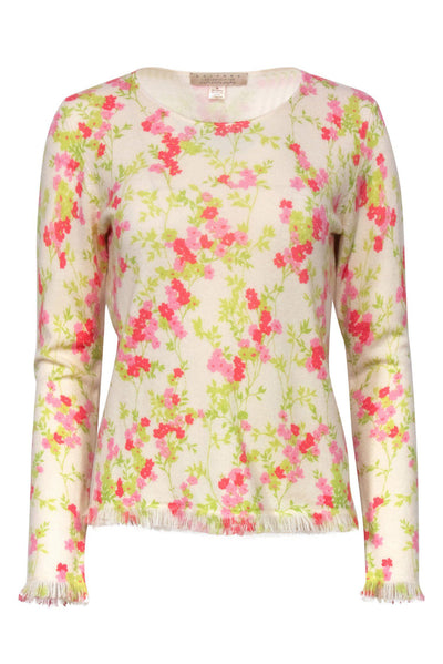 Current Boutique-Belford - Cream, Pink & Green Floral Print Cashmere Sweater w/ Fringe Trim Sz M