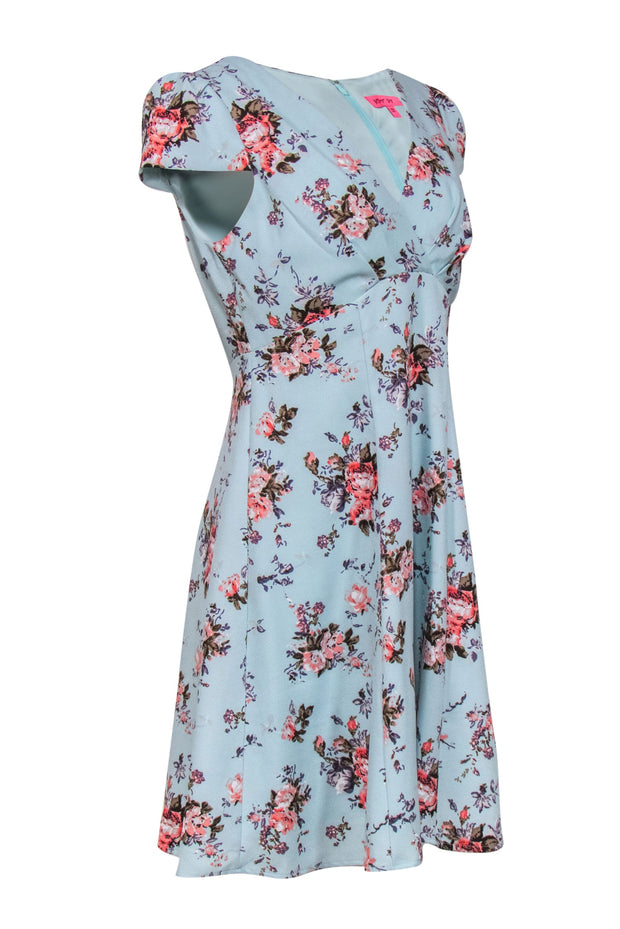 Current Boutique-Betsey Johnson - Aqua Mint & Pink Floral Cap Sleeve A-Line Dress Sz 8