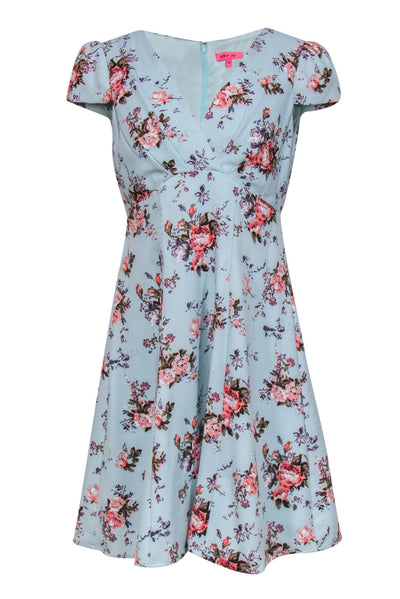 Current Boutique-Betsey Johnson - Aqua Mint & Pink Floral Cap Sleeve A-Line Dress Sz 8