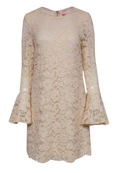 Current Boutique-Betsey Johnson - Beige Floral Lace Bell Sleeve Shift Dress Sz 10