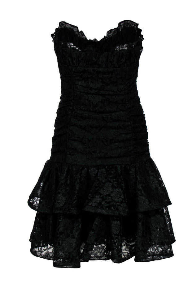 Current Boutique-Betsey Johnson - Black Floral Lace Strapless Fitted Dress w/ Flounce Hem Sz 8