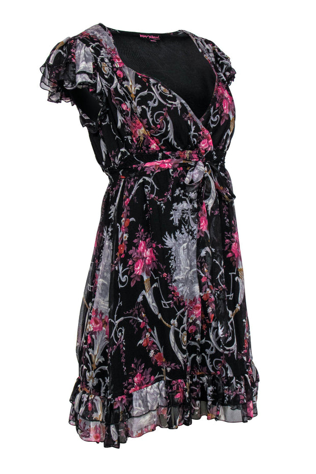 Current Boutique-Betsey Johnson - Black Floral Rococo Silk Ruffle Dress Sz M