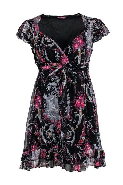 Current Boutique-Betsey Johnson - Black Floral Rococo Silk Ruffle Dress Sz M