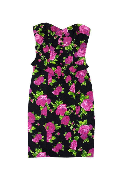 Current Boutique-Betsey Johnson - Black Fuchsia Floral Peplum Dress Sz 2