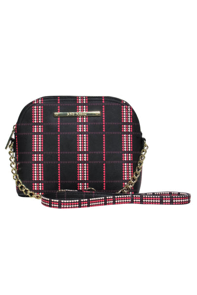 Current Boutique-Betsey Johnson - Black, Pink & White Heart Grid Print Gold Chain Crossbody