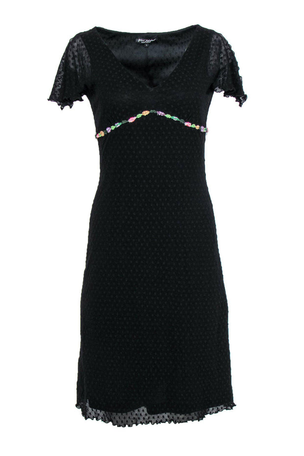 Current Boutique-Betsey Johnson - Black Polka Dot Flutter Sleeve Dress w/ Floral Trim Sz L