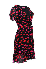 Current Boutique-Betsey Johnson - Black, Red & Purple Lip Print Short Sleeve Wrap Dress Sz 8