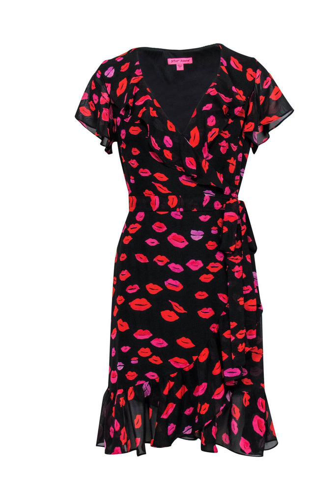 Betsey Johnson - Black, Red & Purple Lip Print Short Sleeve Wrap