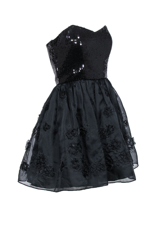 Current Boutique-Betsey Johnson - Black Strapless Fit & Flare Dress w/ Sequin Bodice & Floral Appliques Sz 6