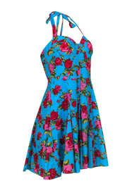 Current Boutique-Betsey Johnson - Blue & Pink Floral Print Halter Fit & Flare Dress Sz 12