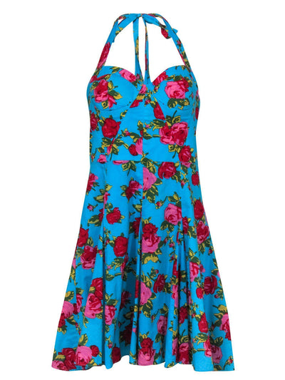 Current Boutique-Betsey Johnson - Blue & Pink Floral Print Halter Fit & Flare Dress Sz 12