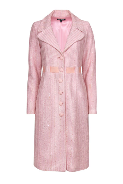 Current Boutique-Betsey Johnson - Light Pink Knit Sequin Button-Up Belted Longline Coat Sz 6