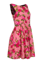 Current Boutique-Betsey Johnson - Pink, Red & Green Rose Print Sleeveless Cotton A-Line Dress Sz 6