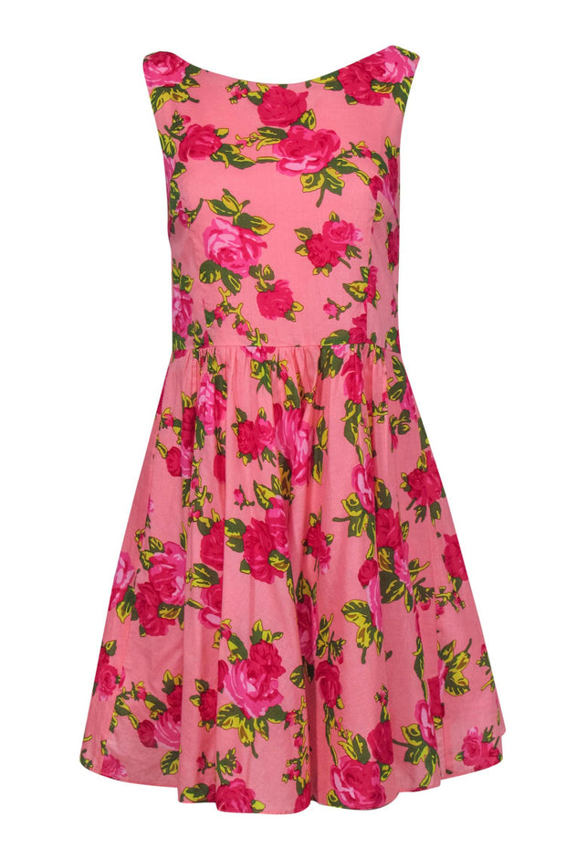 Current Boutique-Betsey Johnson - Pink, Red & Green Rose Print Sleeveless Cotton A-Line Dress Sz 6
