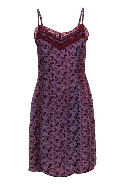 Current Boutique-Betsey Johnson - Purple & Red Rose Print Sleeveless Slip Dress w/ Lace Trim Sz M