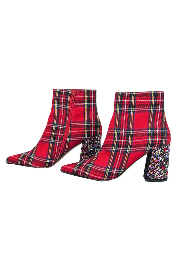 Betsey Johnson Red Plaid Pointed Toe Booties w Jeweled Heels Sz