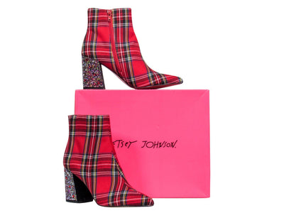 Current Boutique-Betsey Johnson - Red Plaid Pointed Toe Booties w/ Jeweled Heels Sz 7.5